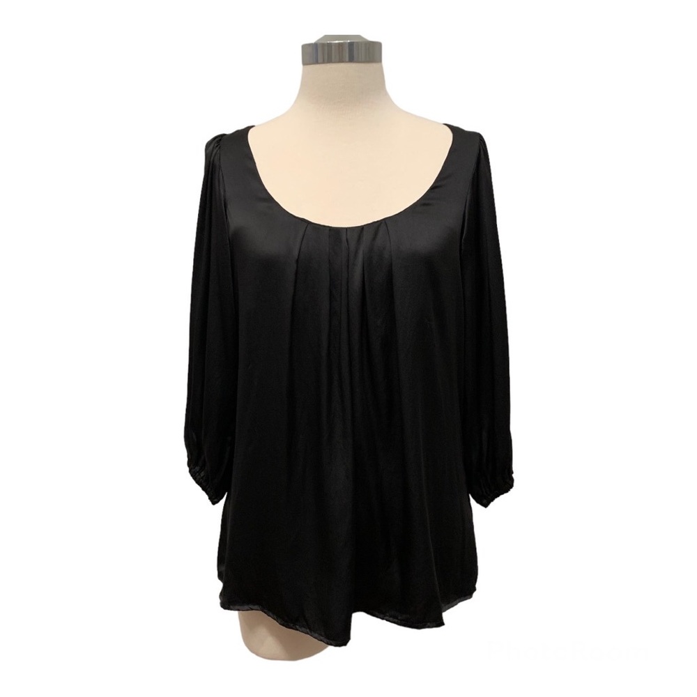 Jacob 100% Silk Satin Pleated Neckline Blouse 3/4 Length Sleeves, Black Small
